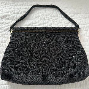 Delill Brand Vintage Black Beaded Metal Closure Clutch Purse Made in Japan